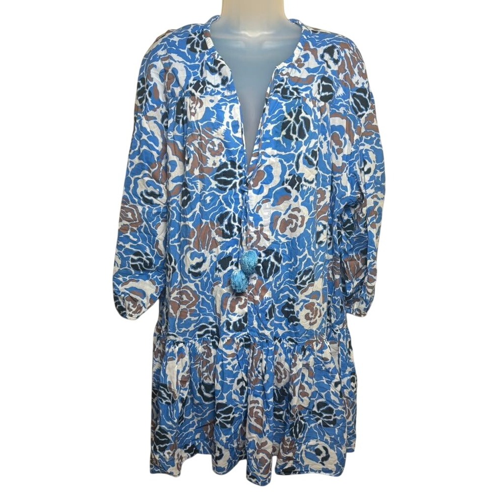 Tanya Taylor Shia Swim Cover Up Blue Floral Balloon Sleeve Tassel Mini Dress XL‎